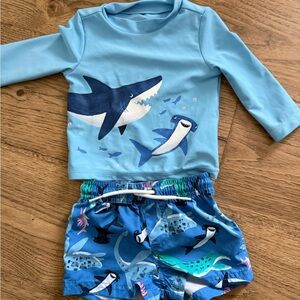Carter's Light Blue Shark Rashguard Set with Printed Swim Shorts